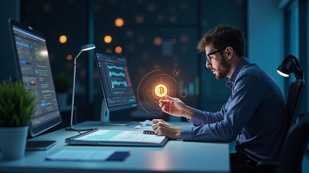 Analyst at a clean desk reviewing crypto ETF prospectuses, with a Bitcoin hologram and a countdown clock.