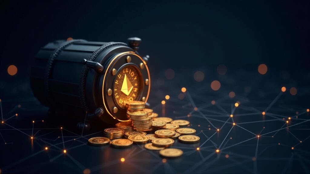 SharpLink to deploy 200 million dollars of ETH into Linea DeFi ETH flowing towards the Linea Layer-2 network, corporate vault in the foreground and DeFi nodes, symbolizing institutional liquidity.