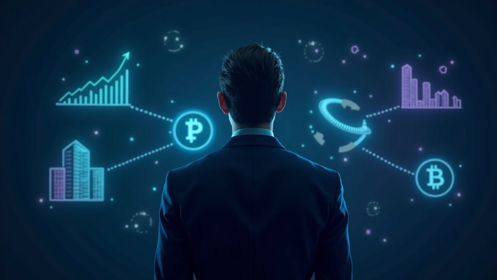 Central figure in a suit in front of on-chain charts and perpetual swaps icons; Solana aesthetic in teal and purple tones.