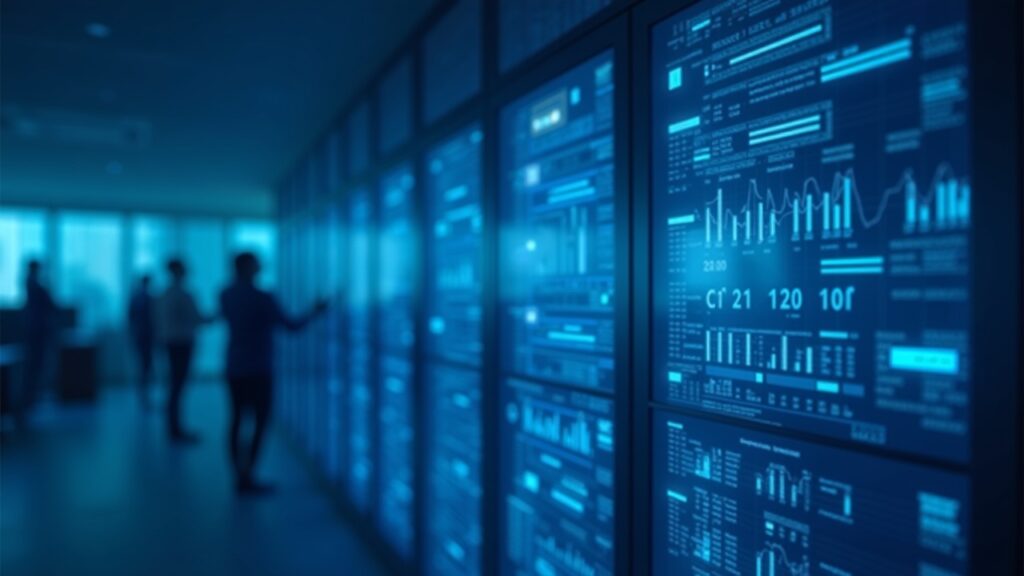 Rack of Solana-style validators in an institutional setting, market chart on glass with a decline, blue tones.