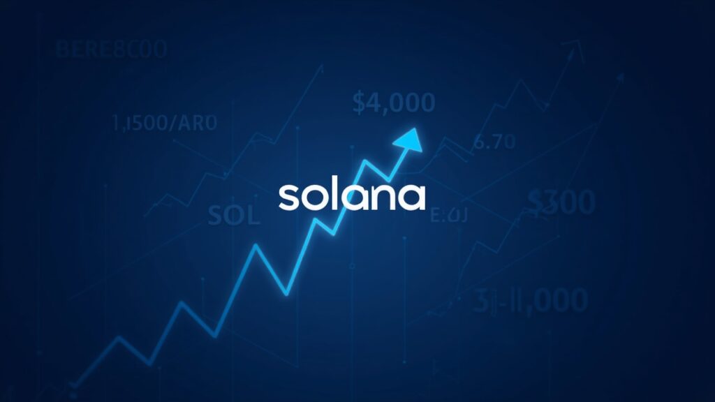Centered Solana logo, ascending chart to 200, regulatory clock and arrows of institutional flows on a blue background.
