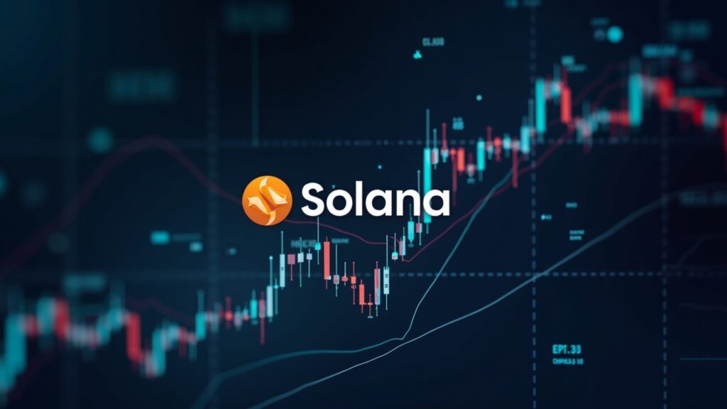 Realistic Solana logo in the center, oscillating price chart, large transfers of SOL to exchanges and ETF symbol in the background (news‑style)