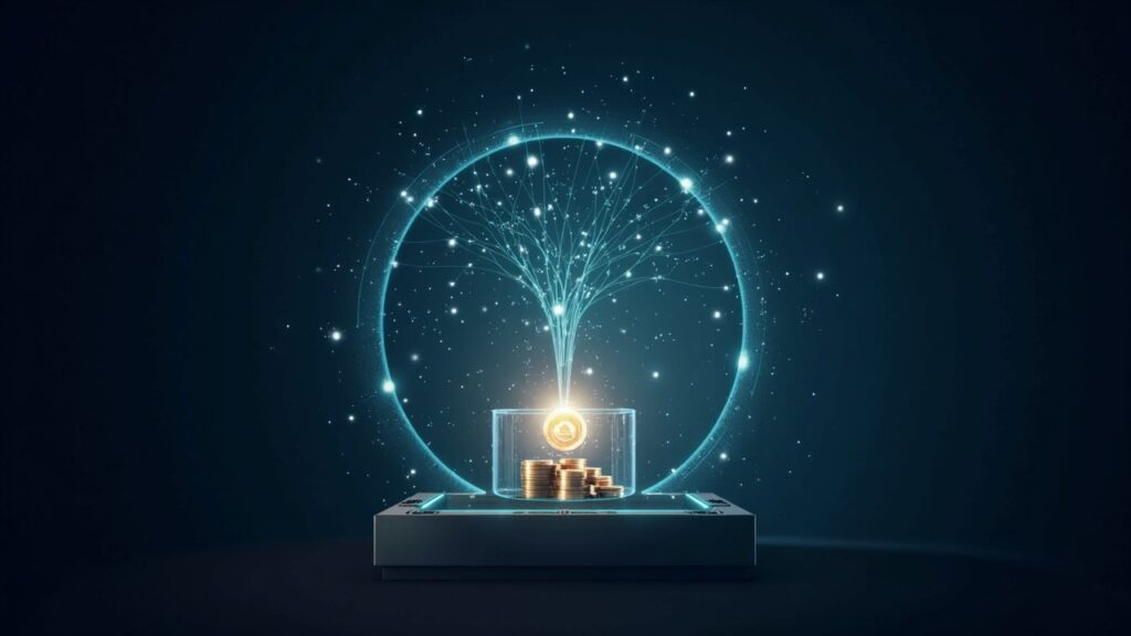 Photorealistic header showing USDT, USDC and USDe flowing into a transparent vault beneath a luminous blockchain network.
