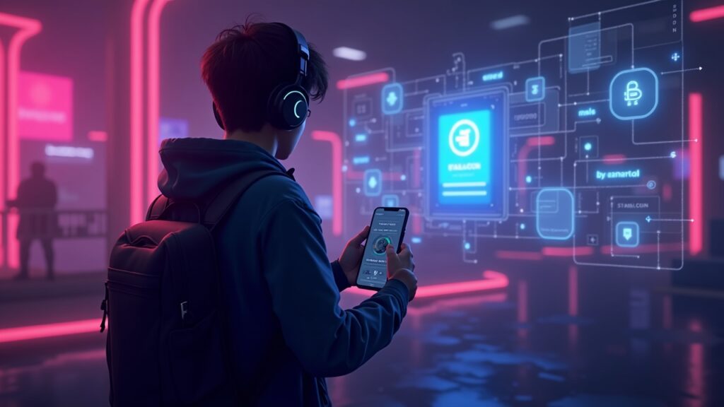Gamer in a neon scene with a phone showing a balance in stablecoins, with payment rails and virtual economy tied to fiat.