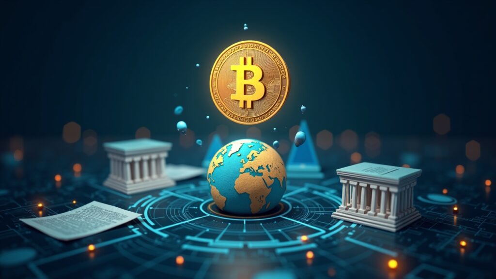 Stablecoin above a globe with circuits, flanked by regulatory docs and banks, signaling regulatory tension and systemic risk.