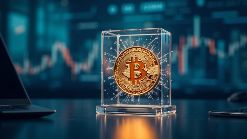 Bitcoin coin breaking a regulatory glass barrier, institutional silhouettes and an ascending chart from 90k to 200k