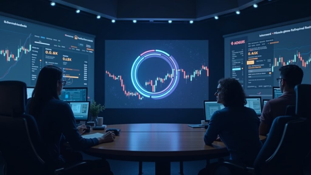 Photorealistic journalistic scene: Stellar logo and price chart with a 0.4% drop alongside partnership symbols.