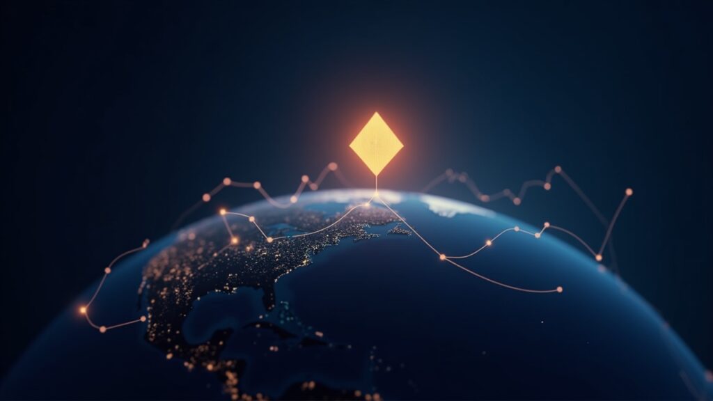Stellar (XLM) logo glowing over a globe with connected nodes and upward trend lines, indicating a Q4 breakout.