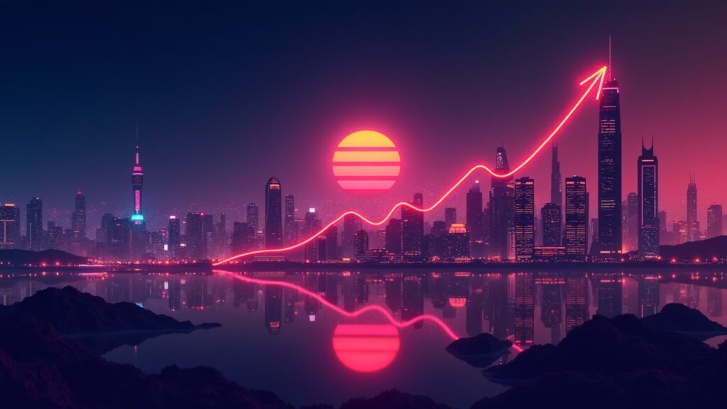 Photorealistic cover with the SunPerp logo centered, an upward price chart and a Chinese neon urban landscape.