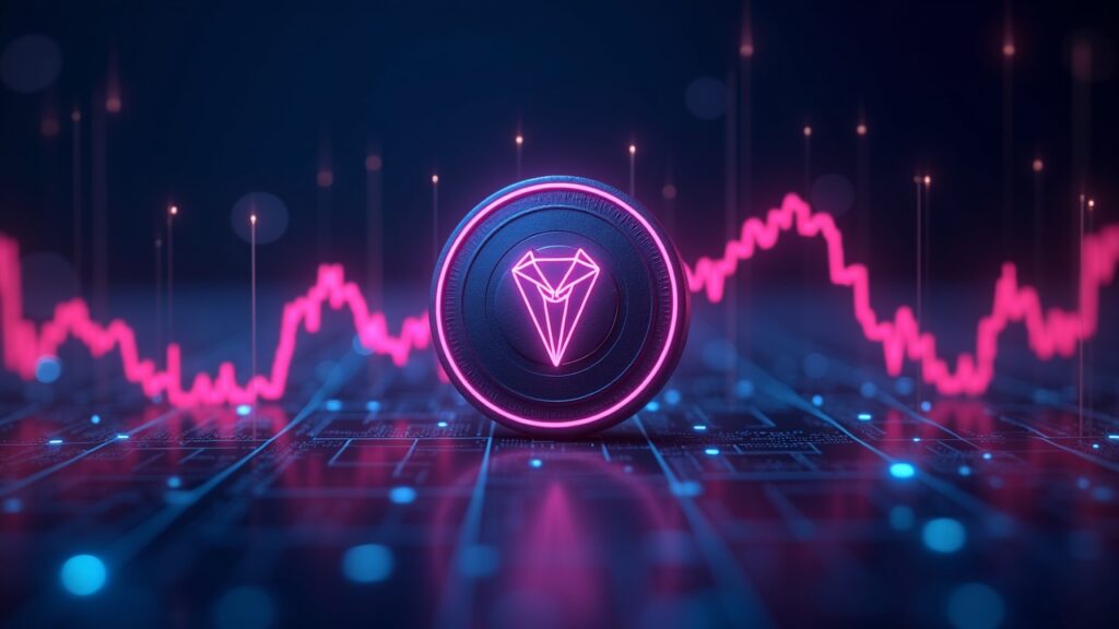 Photorealistic image: Synthetix rises 130% on a neon chart, with Bittensor and Render in the background.