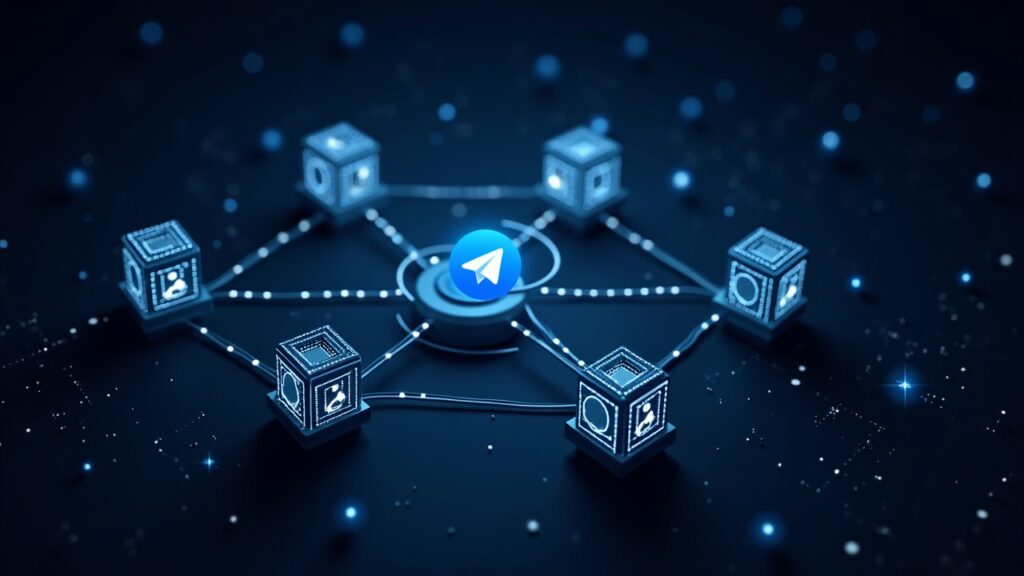 Telegram launches Cocoon, a crypto-paid GPU-sharing network for AI, Photorealistic header of a decentralized AI network with GPUs, glowing nodes and crypto tokens for miners, Telegram branding.