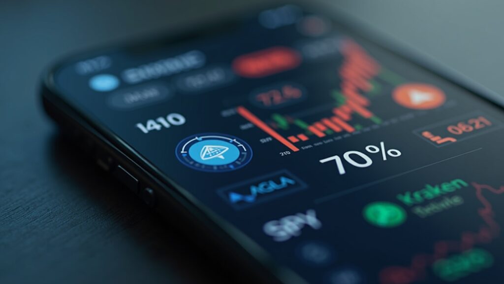 Smartphone with crypto wallet showing tokenized stocks (AAPL, TSLA, SPY) and references to Kraken and Backed