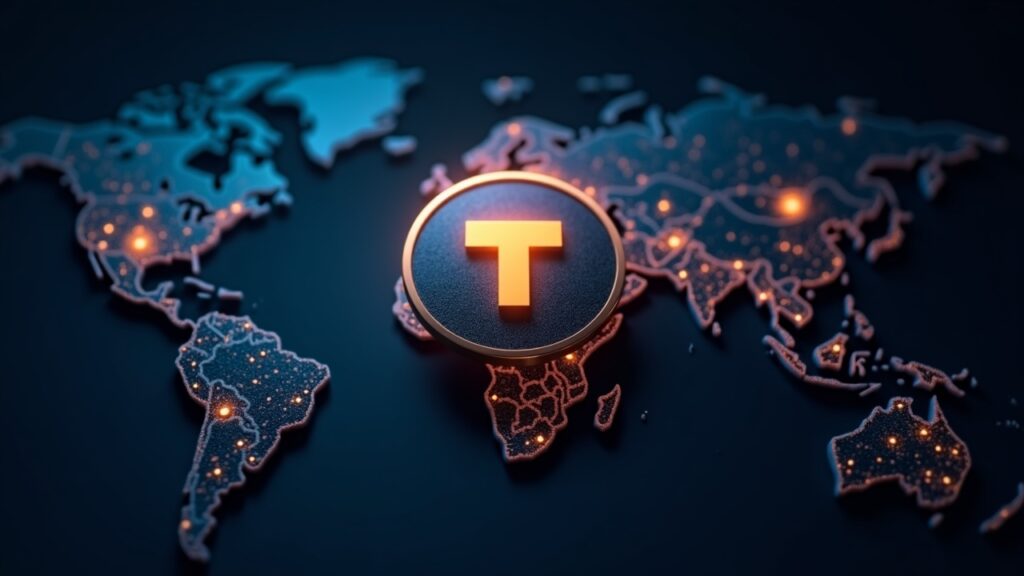 Tether forecasts about fifteen billion dollars in profit this year Tether logo illuminated over a world map, with rising liquidity charts, in a crypto news style.