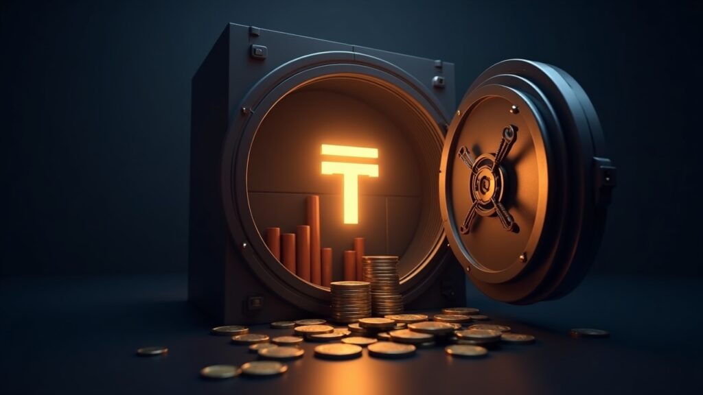 Tether: profits exceed $10 billion in the first nine months and announces share repurchase Tether logo illuminated over vault chart, coins falling; symbolizes 10 mil millones and share repurchase.