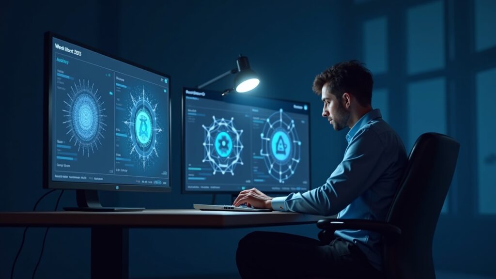 Crypto analyst at a modern desk with holographic screens and three altcoin icons, week four of October 2025.