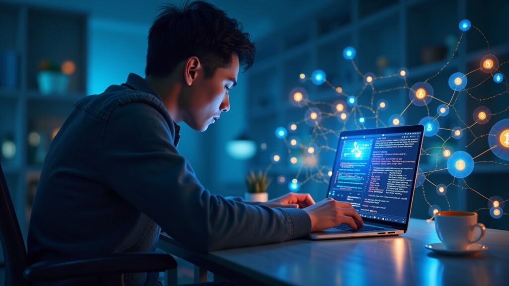 Developer at a laptop coding Bitcoin Lightning payments, with Time2Build and bright networks connecting Bitcoin symbols.