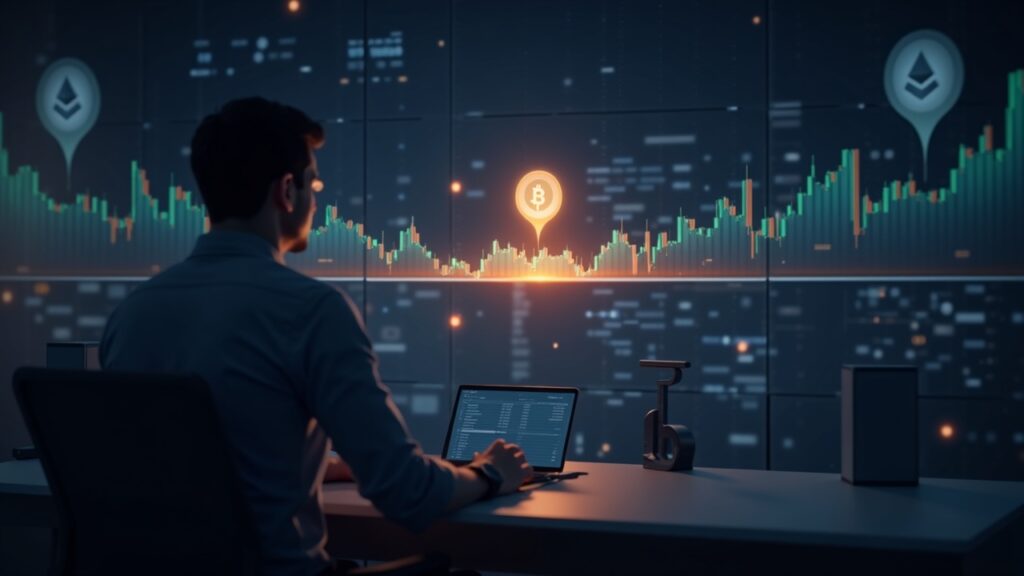 Trader in a trading room observes a stablecoin bridge connecting fiat and crypto liquidity, with BTC and ETH in the background.