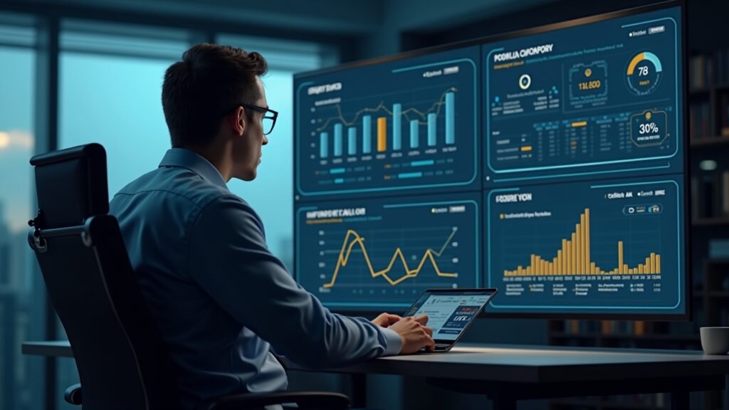 Treasury executive reviews Bitcoin-backed loan dashboards, surrounded by BTC charts and Fidelity logos.