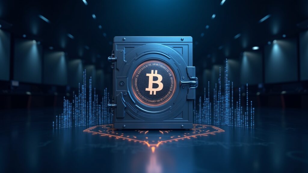 Bitcoin vault and 640,250 BTC on a holographic ledger, rising charts and newsroom background.