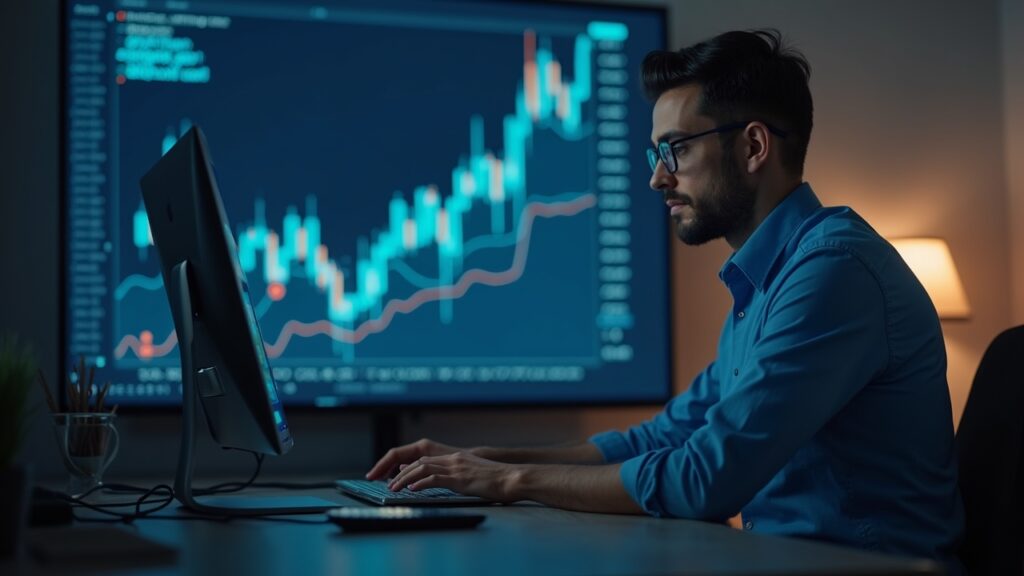 Fund manager at a modern desk reviews crypto assets and an upward chart, indicating T. Rowe Price's strategic pivot.