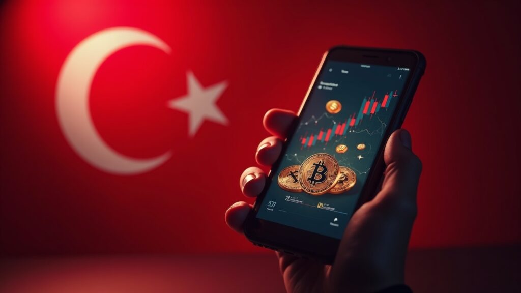 Mobile phone with volatile cryptocurrency chart and coins orbiting, in tones of the Turkish flag.