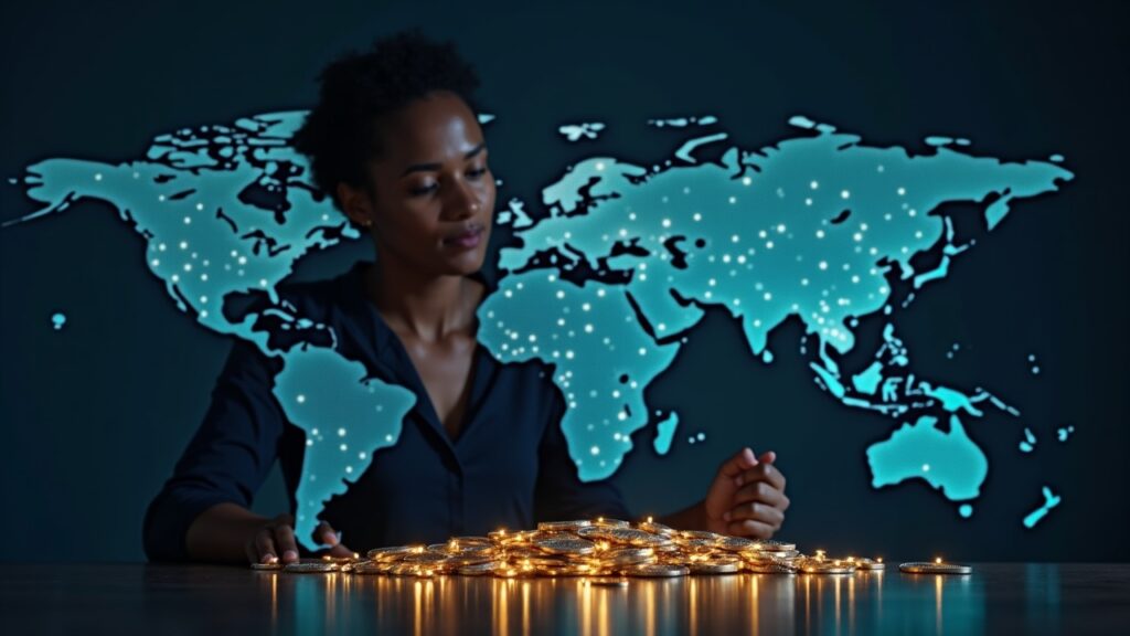 Portrait of a British Digital Markets Champion, surrounded by holographic tokens and DLT networks, with DIGIT at the forefront.