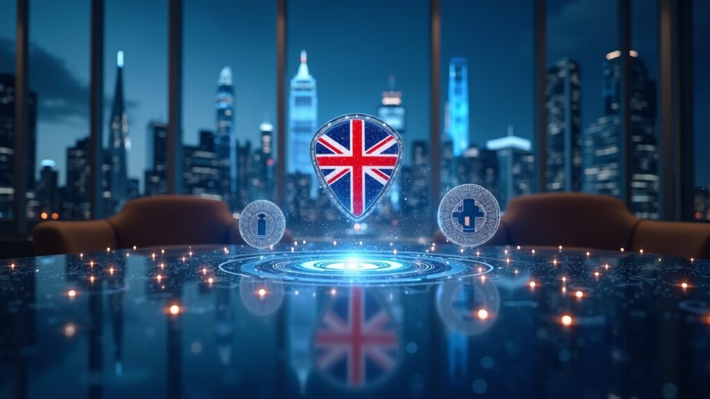 Digital ledger writing scene with tokenized funds, London horizon, and blockchain icons