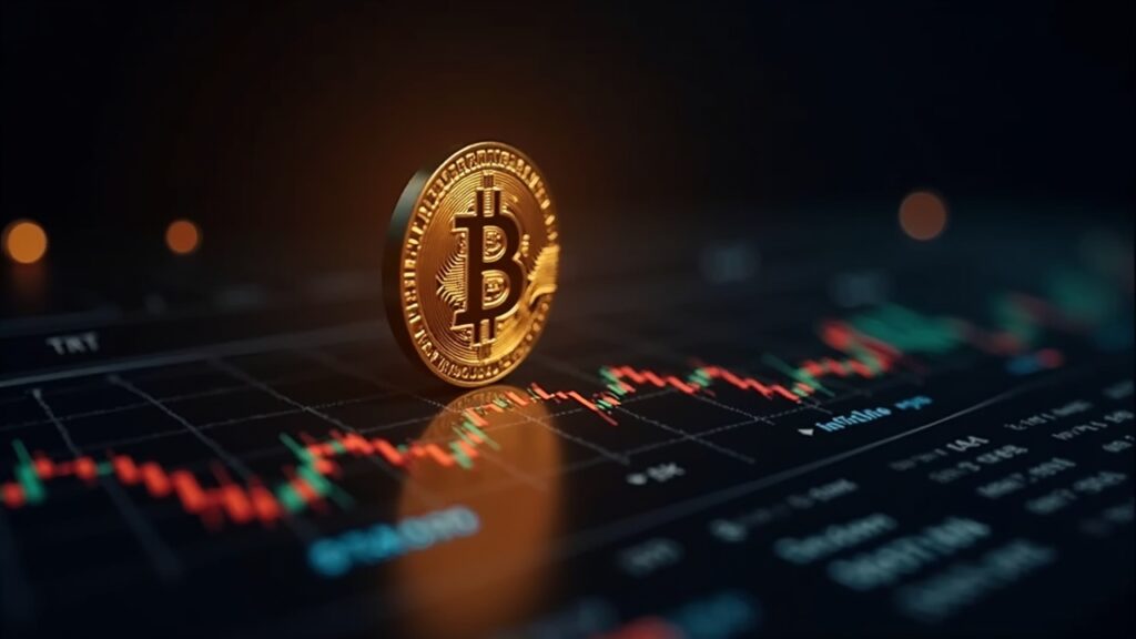 Bitcoin rising over a modern financial dashboard, with ETF flows and a halving motif.