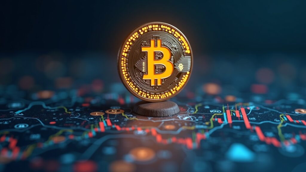 Bitcoin rises over ETF filings and regulatory icons, with bullish charts in the background.