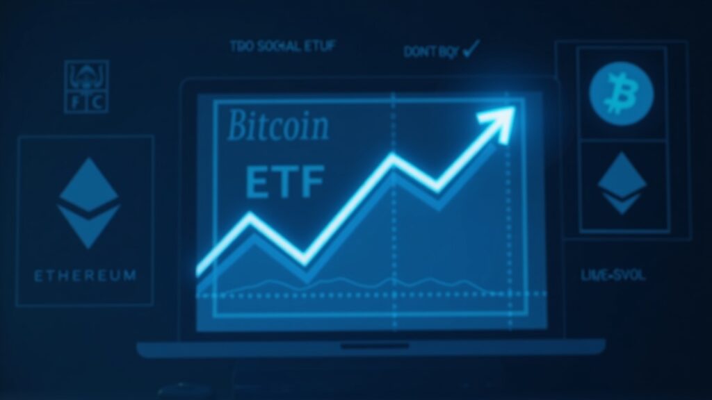News scene: Bitcoin ETF certificate in front of an upward liquidity chart; Ethereum logo dimmed after eight days of inflows.