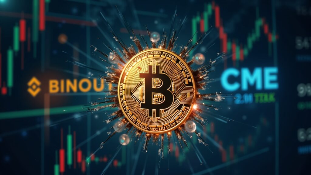 Photorealistic Bitcoin coin breaking digital glass, with rising futures charts and Binance and CME logos in the background.