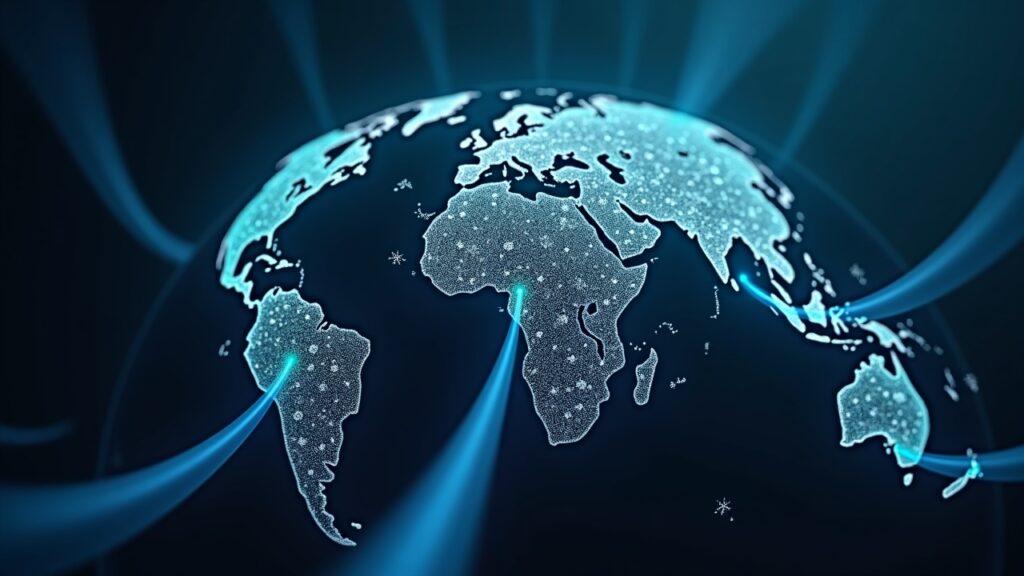 Realistic globe with flows of USDC crossing borders toward a digital ledger, symbolizing instant cross-border payments.
