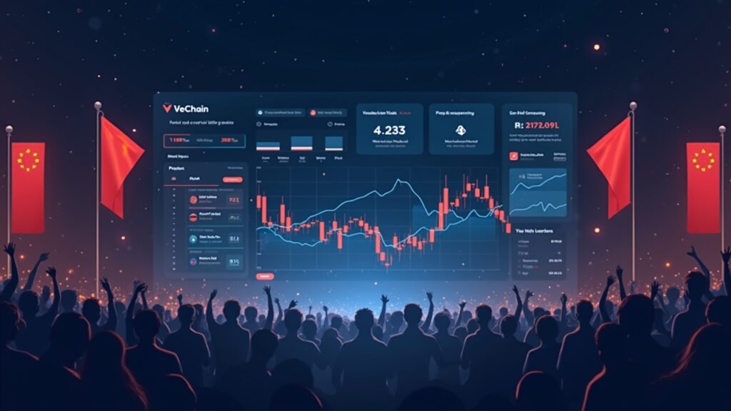 VeChain treasury dashboard with red flags and a bullish breakout chart; subtle silhouettes of BMW, Walmart China and PwC.