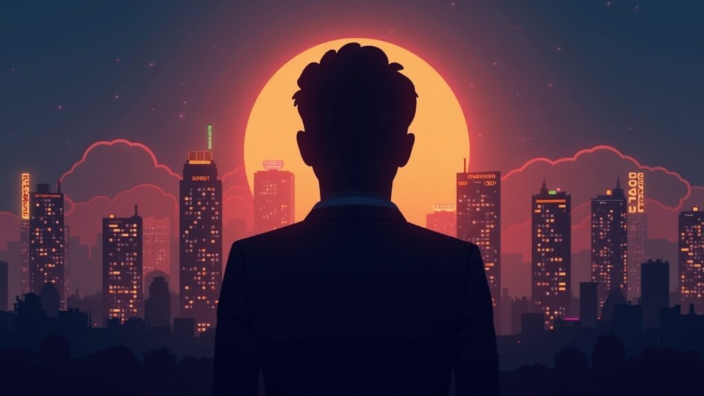 Silhouette of a regulator with a license seal, in front of five crypto exchange towers and the skyline of Vietnam.