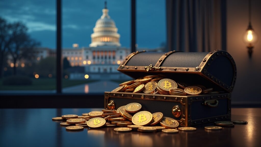 Crypto industry accumulates $263 million fund to influence United States midterm elections. Crypto chest filled with BTC and ETH coins on a desk, newsroom lighting, and the silhouette of the Capitol.