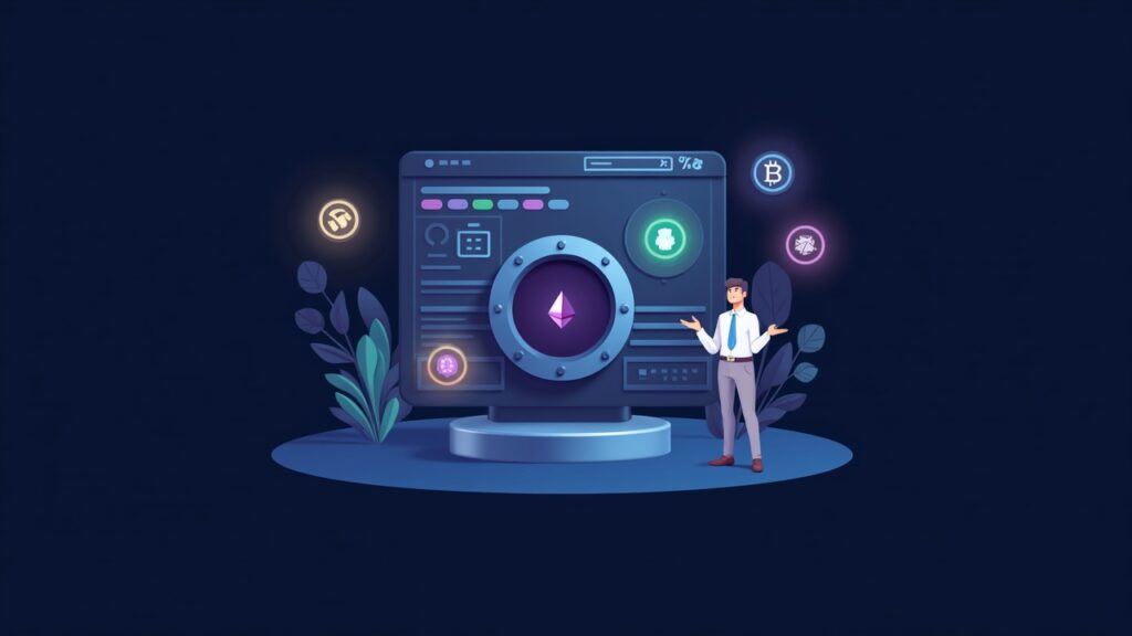 Photorealistic scene: reactivated crypto exchange dashboard, vault door open, ETH and ERC-20 icons glowing.