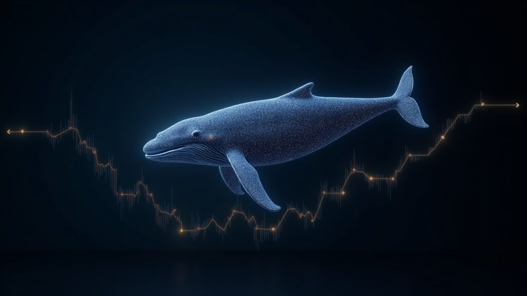 Bitcoin whale of digital circuits over a falling chart, with three bright arrows pointing to changes after October.