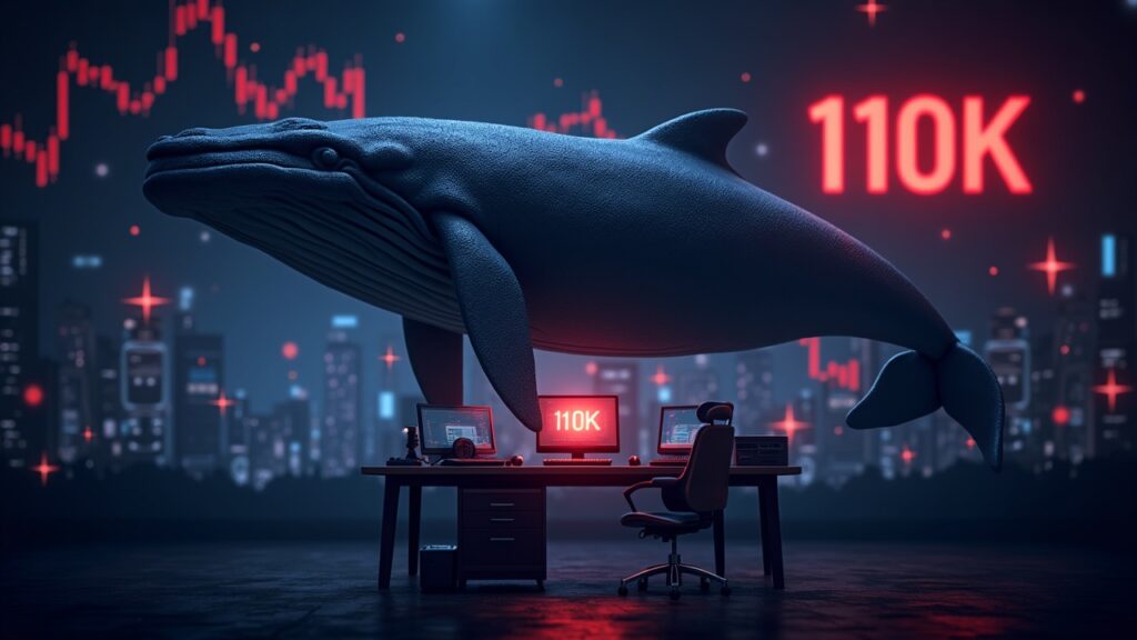 Giant whale over a trading desk, neon of the CME gap 110k in the background, institutional demand signal.