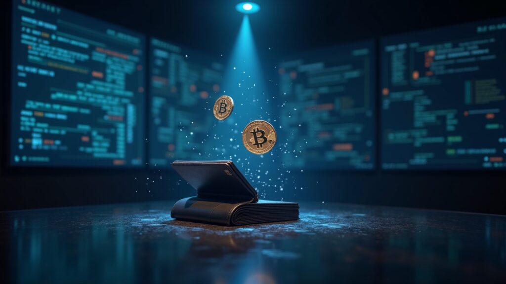 Realistic newsroom scene: central crypto wallet, meme coin icons and intermittent data streams.
