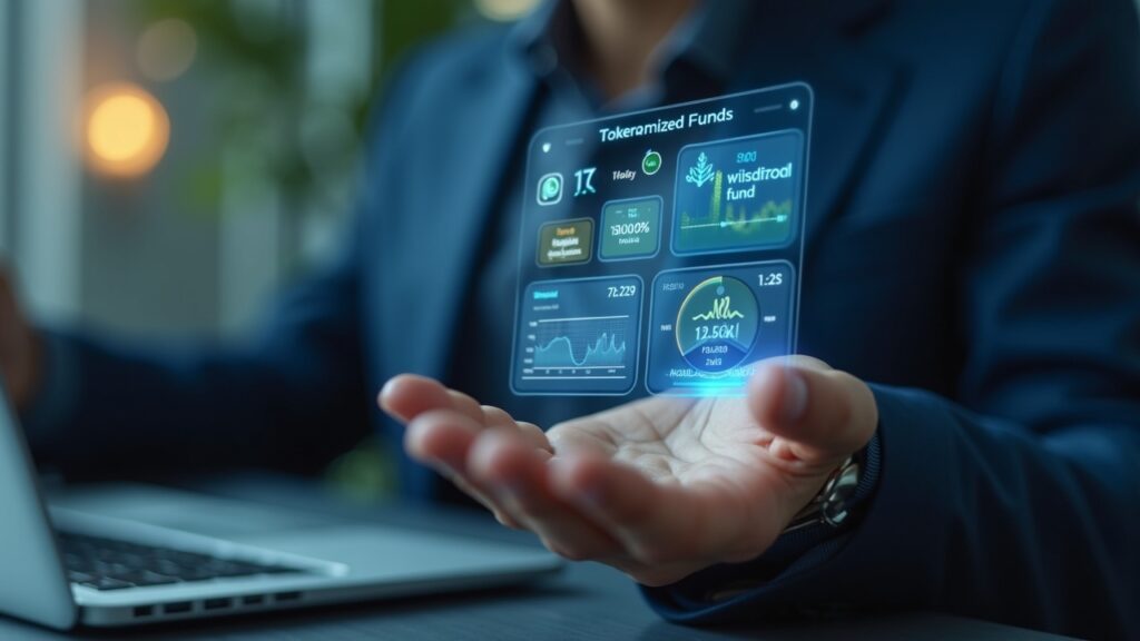 WisdomTree launches 14 tokenized funds on Plume Network Investor in a modern office, holographic WisdomTree and Plume Network tokens orbiting a funds panel.