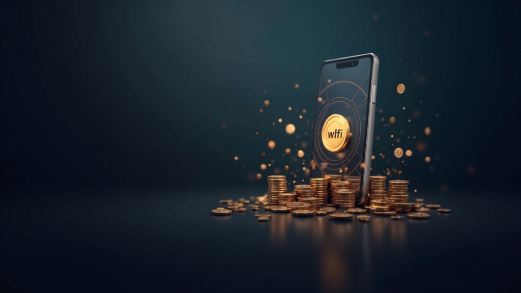 Smartphone displaying WLFI token as coins stream toward a crowd, with a subtle regulatory scale in a modern crypto newsroom.