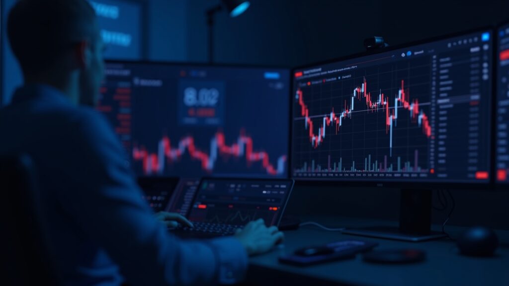 Trading desk with Stellar's XLM ticker, red sell-off chart and blue lighting, conveying market risk.