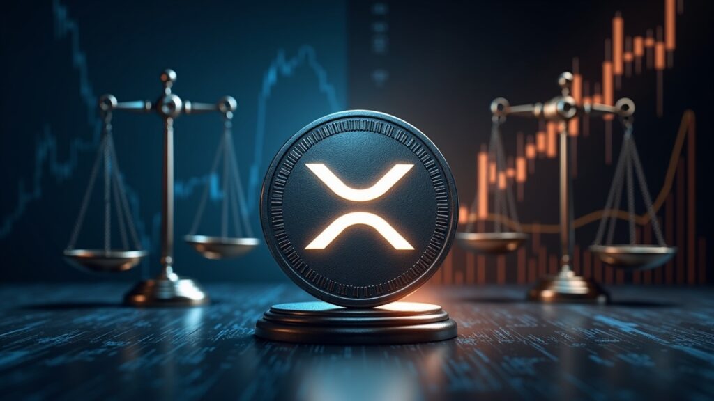 XRP logo in the center, background with legal scales and bullish charts, and symbols of institutional interest.