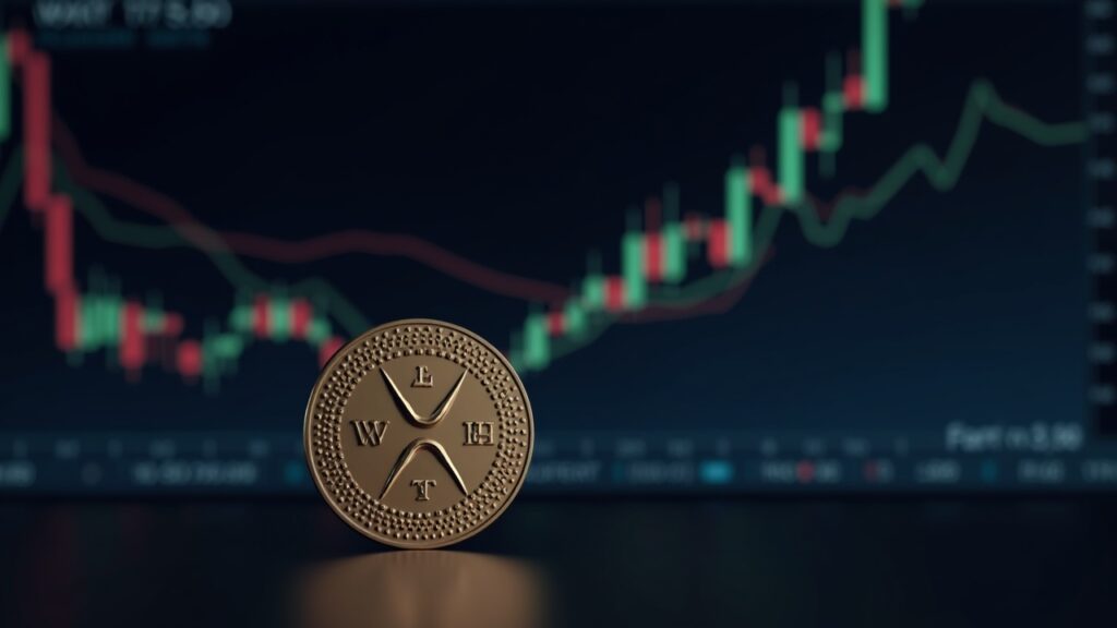XRP coin in front of a chart with a bullish flag, resistance 3.65 and possible breakout to 4.40–5.50, institutional flow.