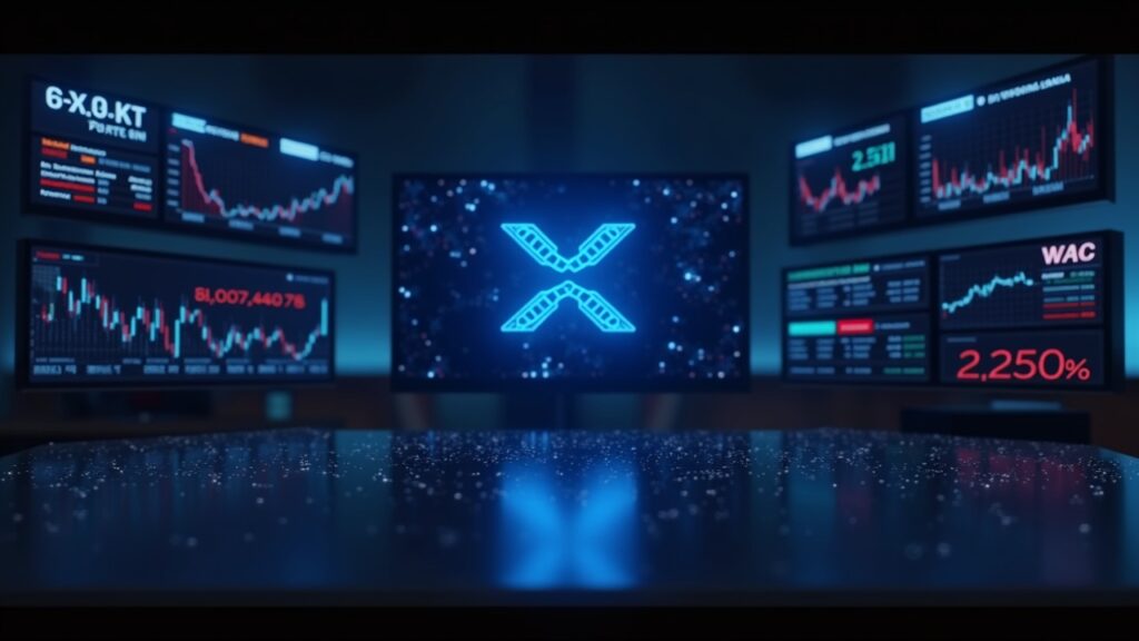 Crypto news header with XRP logo, price 2.50, indication of a 57% rally, red alert and limited on-chain metrics.