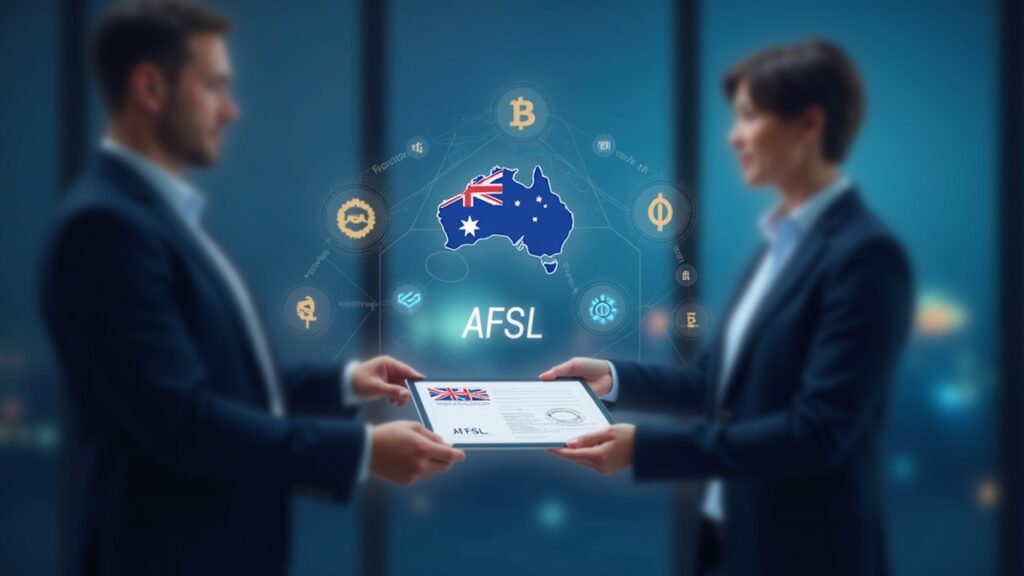 Australia Mandates Licenses for Digital Platforms Seeking 24 Billion in Productivity Photorealistic image: regulator hands an AFSL to the CEO of a crypto exchange, with asset icons and a map of Australia.