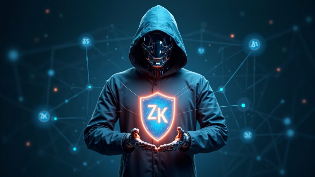 Photorealistic AI agent in the center, holding a luminous shield with ZK symbols, connected to a network of decentralized nodes.