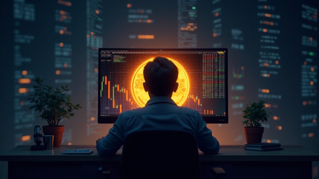 Crypto project that promised to transform stablecoins sees its token fall 90% Trader in front of a monitor with the peg of an algorithmic stablecoin dropping, surrounded by blockchain nodes and a regulatory symbol.