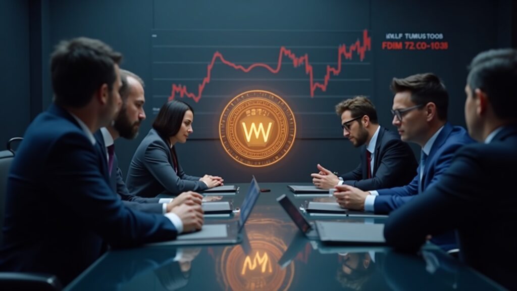 ALT5 Sigma faces leadership shake-up and SEC scrutiny after WLFI agreement Executives of ALT5 Sigma in a boardroom with a hologram of the WLFI token, the SEC badge, and a red ticker.