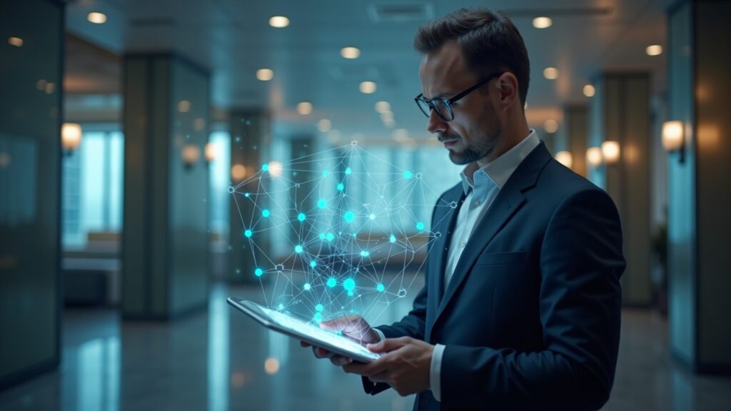 Swiss bank executive in a modern lobby, with a glowing distributed ledger illustrating regulated instant settlements.